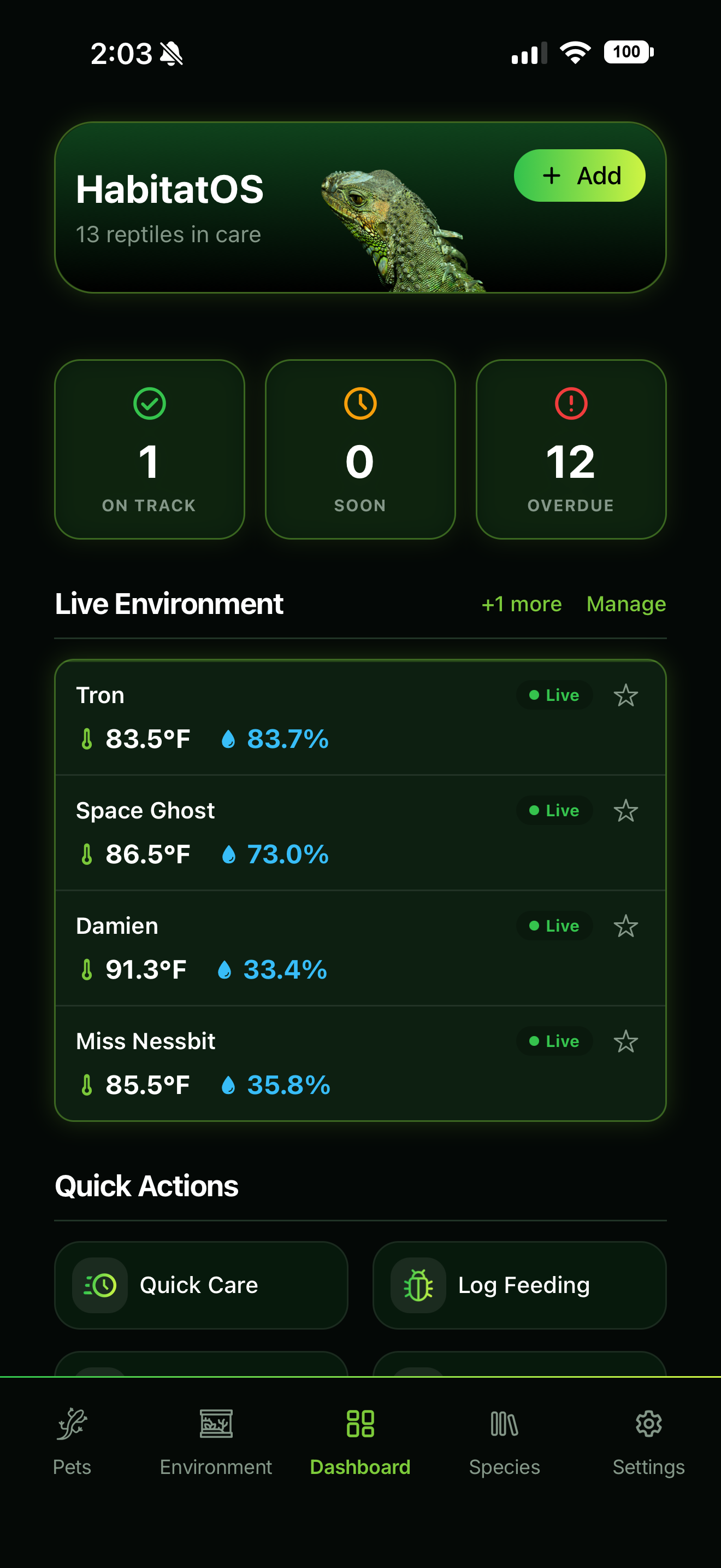 HabitatOS dashboard showing reptiles in care, readiness status, and live environment readings